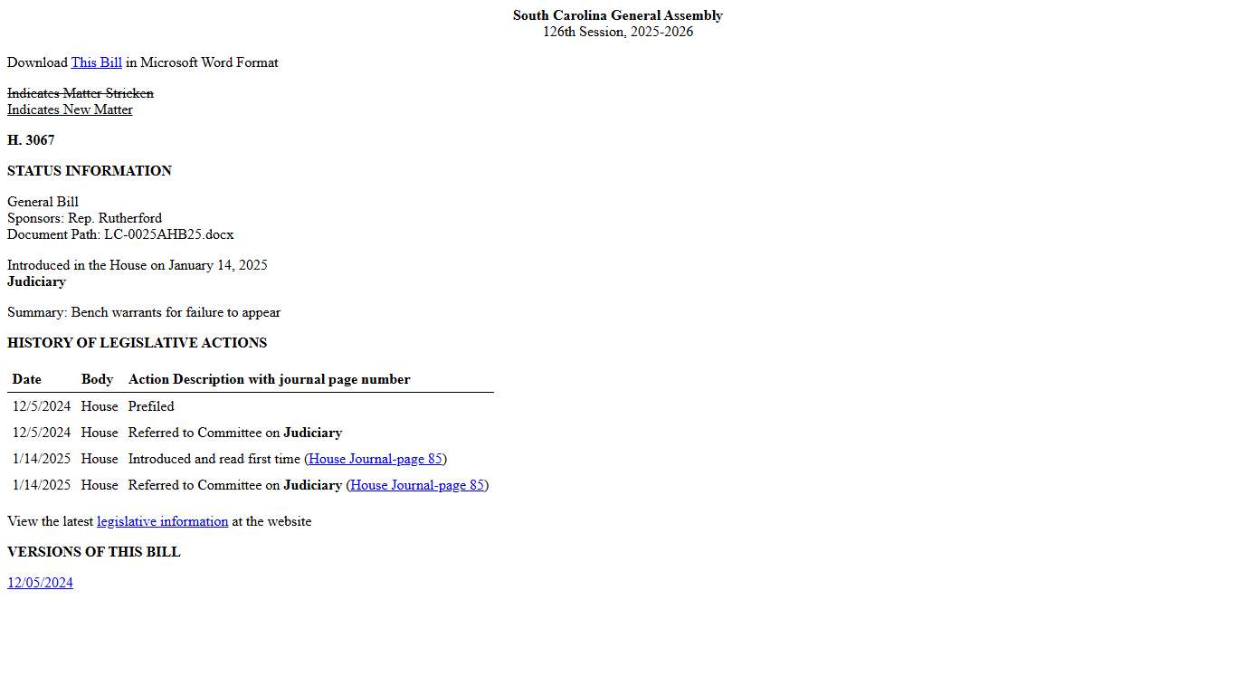 2025-2026 Bill 3067: Bench warrants for failure to appear - South Carolina Legislature Online